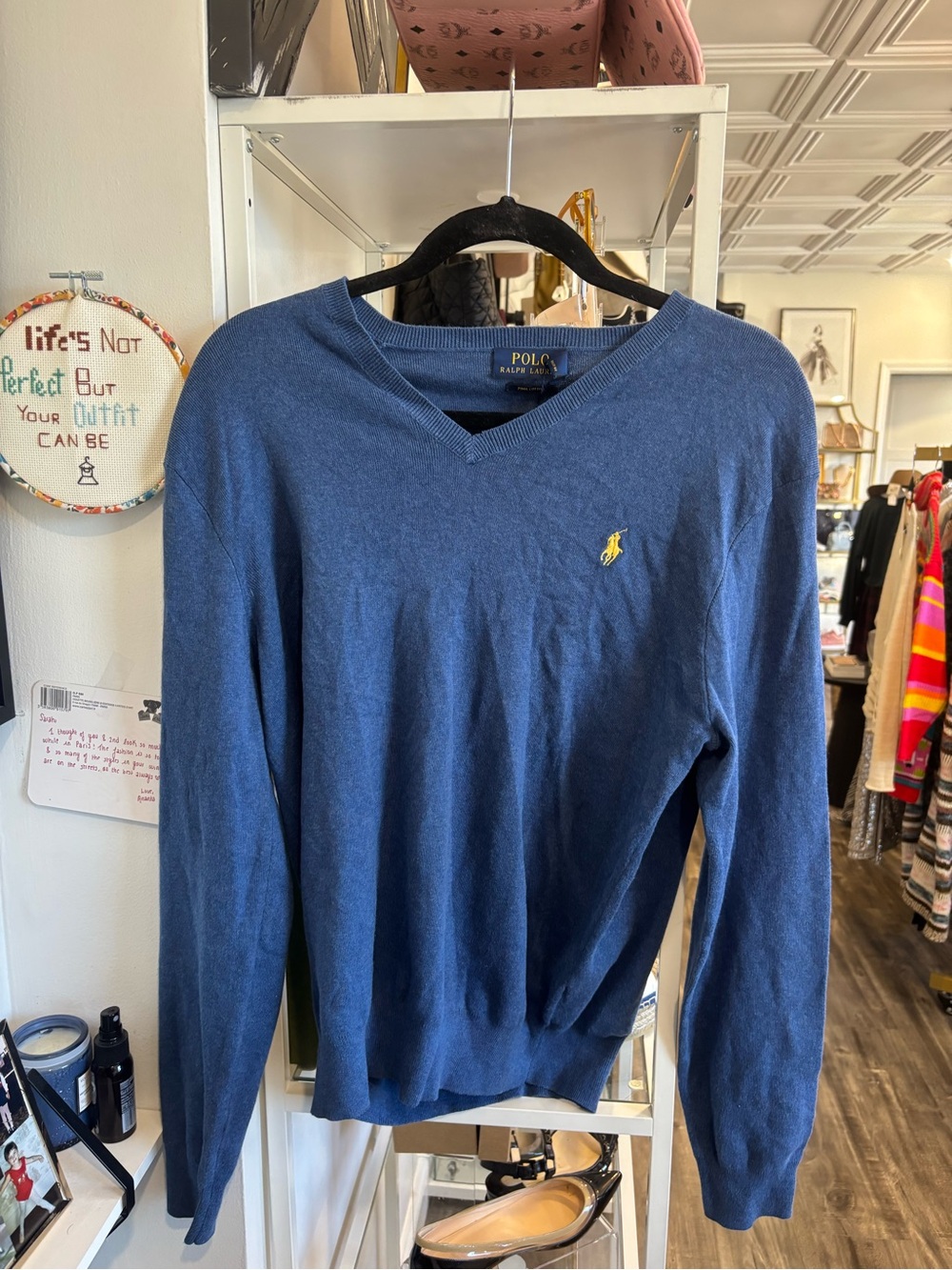 Ralph Lauren Men's Blue V-Neck Sweater with Yellow logo NWT
